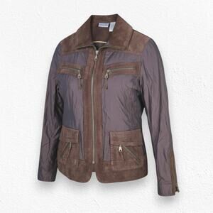 90s Vintage Brown Suede Leather Nylon Full Zip Chicos Utility Jacket Size Medium